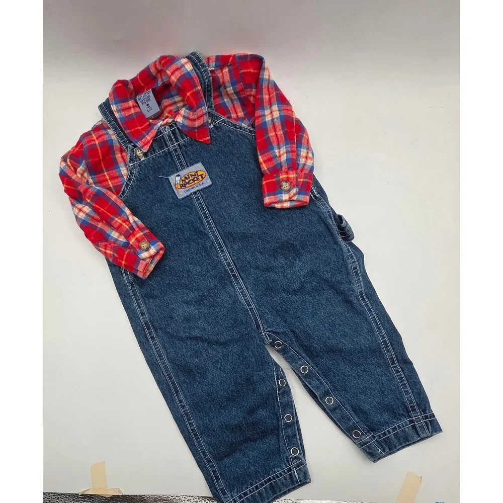 Mini Rocket Vintage Denim Overalls‎ and Plaid Flannel Shirt Set Red Blue 6-12M